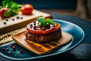 a plate with a burger on it and tomatoes. AI-Generated photo