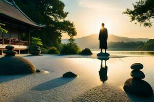 a man stands on rocks in front of a lake at sunset. AI-Generated photo