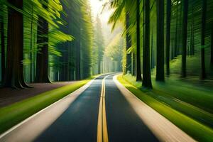 a blurry image of a road in the woods. AI-Generated photo
