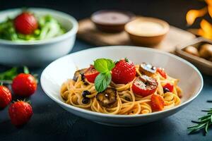 espaguetis con hongos y Tomates en un bol. generado por ai foto