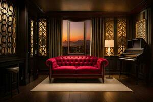 a red couch sits in a room with a piano and windows. AI-Generated photo