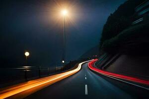 un largo exposición fotografía de un la carretera a noche. generado por ai foto