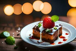 a piece of cake with strawberries and sauce on it. AI-Generated photo