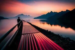 a man stands on a pier looking at the mountains and water. AI-Generated photo