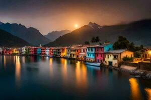 colorful houses on the water at sunset in the mountains. AI-Generated photo