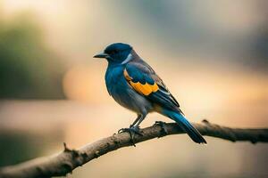 a blue and yellow bird sitting on a branch. AI-Generated photo