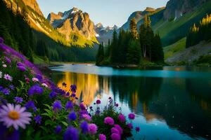 the flowers are blooming in the mountains and the sun is shining on the lake. AI-Generated photo