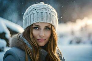 un hermosa mujer en un invierno sombrero. generado por ai foto