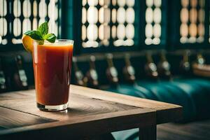 a bloody drink sitting on a wooden table. AI-Generated photo