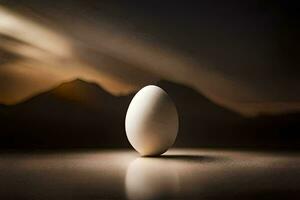 an egg sitting on a table in front of a mountain. AI-Generated photo