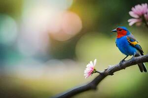 a colorful bird sits on a branch with pink flowers. AI-Generated photo