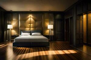 a bedroom with wooden floors and a bed. AI-Generated photo