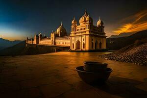 el puesta de sol terminado el palacio en India. generado por ai foto