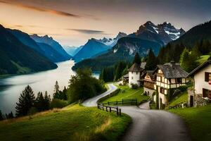 un la carretera líder a un lago y montañas. generado por ai foto