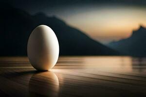 an egg sitting on a table in front of a mountain. AI-Generated photo