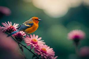 un pájaro se sienta en un rosado flor. generado por ai foto