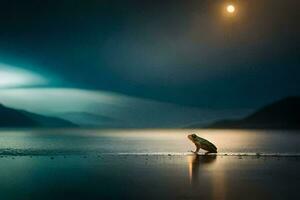 a frog sitting on the shore of a lake at night. AI-Generated photo