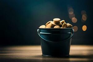 a bucket filled with peanuts on a table. AI-Generated photo