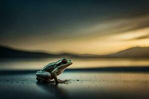 a frog sitting on the beach at sunset. AI-Generated photo