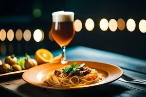 spaghetti with meat sauce and beer on a wooden table. AI-Generated photo