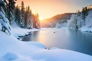 a snowy river in the winter. AI-Generated photo