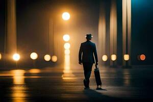 a man in a suit and hat walks through the dark at night. AI-Generated photo