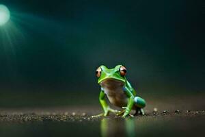 a frog is standing on the ground in front of a bright light. AI-Generated photo