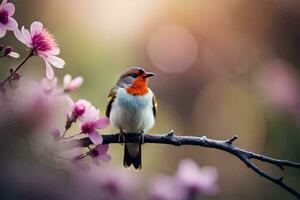 a bird sits on a branch with pink flowers. AI-Generated photo