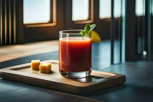 a glass of juice on a wooden tray with a slice of cheese. AI-Generated photo