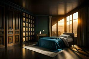 a bedroom with a bed and a window. AI-Generated photo