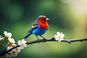 un vistoso pájaro se sienta en un rama con blanco flores generado por ai foto