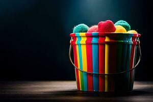 a bucket filled with colorful candy. AI-Generated photo