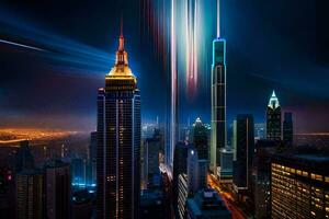 el ciudad horizonte es iluminado arriba a noche. generado por ai foto