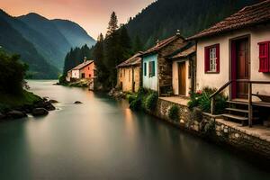photo wallpaper the sky, mountains, water, houses, river, mountains, lake, house,. AI-Generated