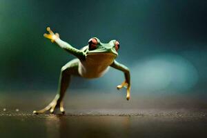 a frog jumping on the ground. AI-Generated photo