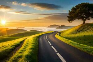 a road with a tree in the middle of a green field at sunset. AI-Generated photo