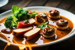 un plato de comida con carne y vegetales. generado por ai foto