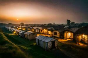 the sun sets over a village of huts. AI-Generated photo