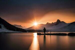 un hombre soportes en un muelle a puesta de sol en frente de un montaña rango. generado por ai foto