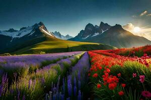 the sun shines on a field of flowers and mountains. AI-Generated photo