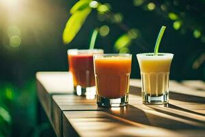 three different types of juices on a table. AI-Generated photo
