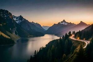 un la carretera devanado mediante el montañas a puesta de sol. generado por ai foto