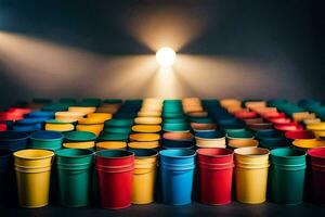 many colorful cups are lined up in a row. AI-Generated photo