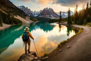 un hombre con un mochila y excursionismo polos soportes en un rock con vista a un lago. generado por ai foto