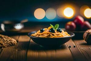 a bowl of pasta with blueberries and a spoon on a wooden table. AI-Generated photo