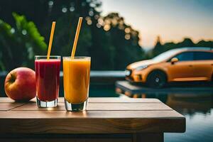 two glasses of juice and an orange car. AI-Generated photo