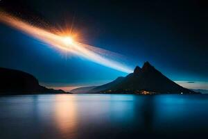 a comet is seen in the sky over a mountain. AI-Generated photo