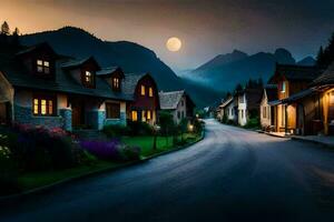 photo wallpaper the sky, mountains, moon, night, the village, the moon, the village. AI-Generated