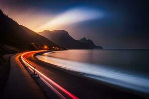 a long exposure photograph of a road and a mountain at night. AI-Generated photo