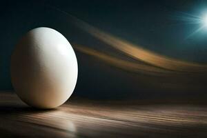un huevo en un mesa con un brillante ligero detrás él. generado por ai foto